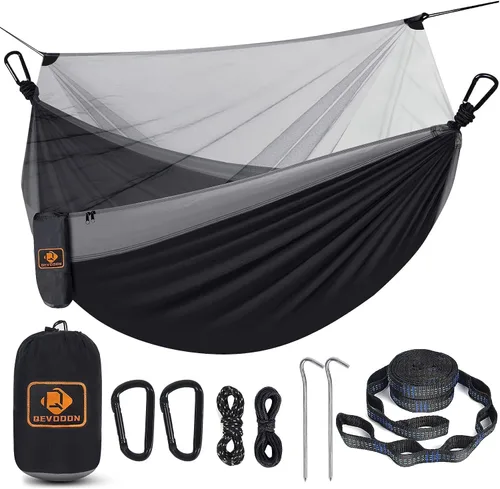 Vista 21 de Qevooon Hamaca de camping con red, hamacas ligeras portátiles de viaje con correas para árboles y mosquetones sólidos en forma de D, hamaca de Negro