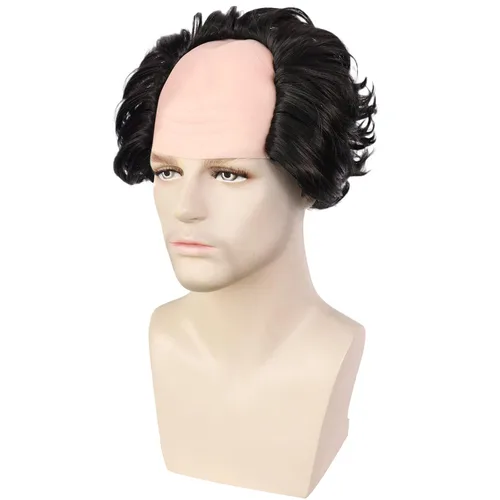 Vista 3 de IMEYLE Peluca corta y rizada negra para hombre, peluca calva loca con pelo en los lados, para niños, anciano, divertida peluca para adultos, peluca