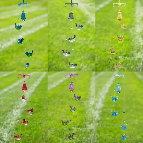 Vista 6 de Adornos colgantes acrílicos con opción de color de 4 pájaros y campanas (púrpura-verde)
