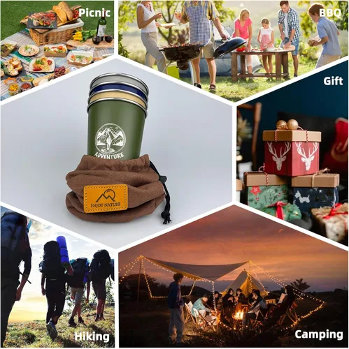 Vista 6 de Taza de camping de 16 onzas (paquete de 4) taza de acero inoxidable 18/8 para picnic al aire libre, senderismo, pesca, surf, fiesta, taza de metal
