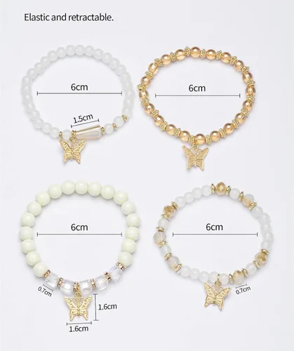 Vista 3 de Fuqimanman2020 Juego de 4 pulseras elásticas apilables con cuentas de oro con dije de mariposa de cristal y coloridas pulseras elásticas