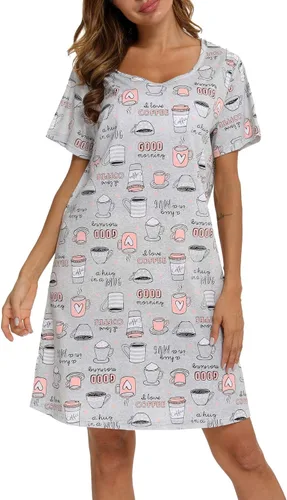 Vista 4 de ENJOYNIGHT Womens Nightgowns Cotton Sleepwear Plus Size Sleep Shirt Short Sleeve Nightshirt Print Sleepshirt
