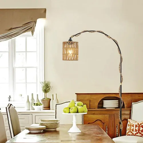 Vista 9 de Lámpara Colgante Bohemia con Enchufe, Luz Colgante with Cable con Enchufe, Lámpara de Techo con Pantalla Cilíndrica de Ratán e Interruptor