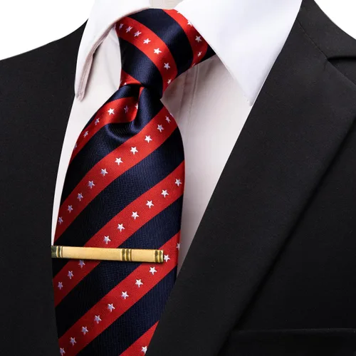 Vista 2 de Corbatas a rayas y corbatas a cuadros para hombre, corbata de seda tejida, juego de clip de corbata dorado