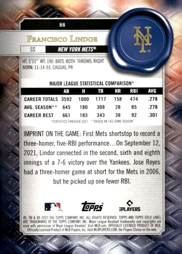 Vista 2 de 2022 TOPPS GOLD LABEL CLASS 2#88 FRANCISCO LINDOR NEW YORK METS BASEBALL OFFICIAL TRADING CARD OF MLB