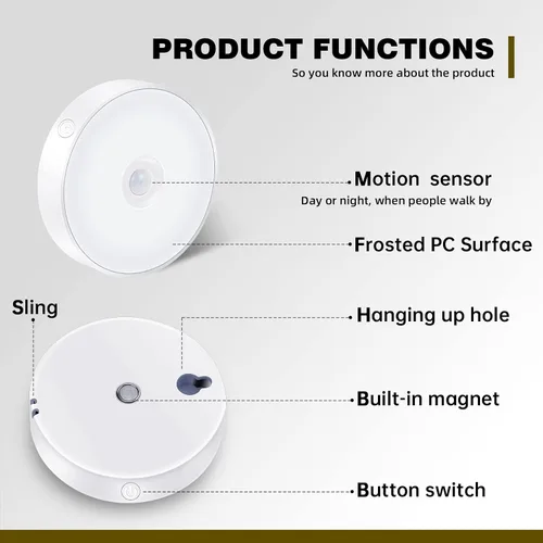 Vista 7 de LAVAED Paquete de 4 luces de disco con sensor de movimiento para interiores, luces LED de armario, luces nocturnas recargables por USB, 9 LED, 3000