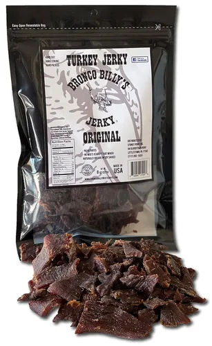 Vista 15 de Bolsa resellable de media libra de carne de res con sabor a bourbon Bronco Billy's Beef Jerky