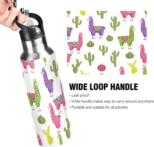 Vista 4 de Insulated Stainless Steel Water Bottle with Straw 20 Oz, Leakproof Water Bottles for Gym Outdoor Travel School, Colorful Llamas Cactus Cute