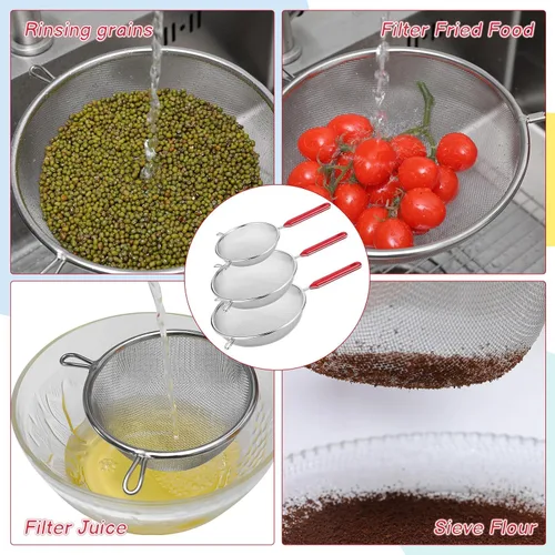 Vista 4 de 3 coladores de malla fina de acero inoxidable para cocina, tamiz fino de metal multiusos con asa, perfecto para alimentos, arroz, quinua