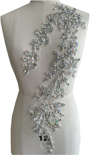 Vista 7 de Parches de lentejuelas brillantes de acrílico hechos a mano en encaje, con cuentas y piedras, para coser, accesorios para vestido de novia (negro)