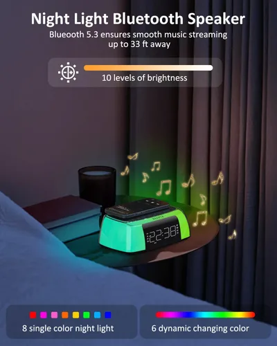 Vista 6 de Reloj despertador con carga inalámbrica, reloj despertador digital fuerte con máquina de sonido, luz nocturna, altavoz Bluetooth, estación de carga