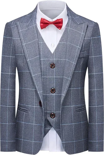 Vista 2 de Conjunto de trajes para niños, chaqueta a cuadros, chaleco, pantalones de un solo pecho, chaqueta formal para boda, fiesta, baile de graduación