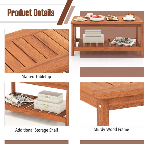 Vista 8 de HAPPYGRILL Mesa auxiliar de patio, mesa auxiliar de doble nivel con estructura de madera maciza, mesa de listones y estante, mesa de centro