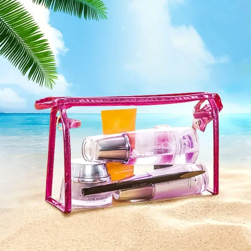 Vista 4 de Meetory 5 bolsas de cosméticos transparentes impermeables con cremallera, bolsas de plástico transparente de PVC para maquillaje, bolsa de aseo