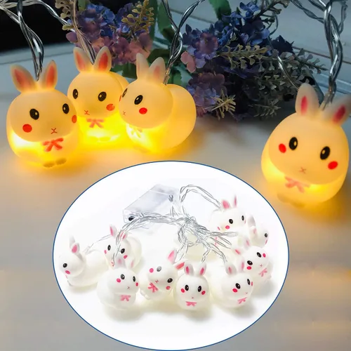 Vista 6 de Luz decorativa de conejo de Pascua, bonita tira de luces flexibles de conejo, funciona con pilas, 5.4 ft, 10 luces LED para decoración del hogar