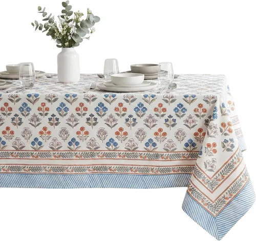 Vista 60 de ATOSII Mantel 100% algodón, Amara, floral, hecho a mano, rectangular, de lino, para cocina, comedor, fiestas, bodas, exteriores, picnics, Pascua