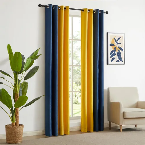 Vista 7 de PRIMROSE Cortinas de lino azul marino amarillo de 63 pulgadas de largo para sala de estar, juego de 2 paneles opacos con aislamiento térmico