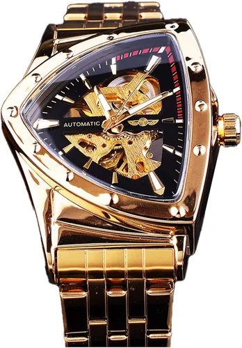 Vista 12 de FORSINING Triangle Skeleton Reloj mecánico automático para hombre, de lujo, dorado, negro, acero inoxidable, impermeable, luminoso, reloj de pulsera