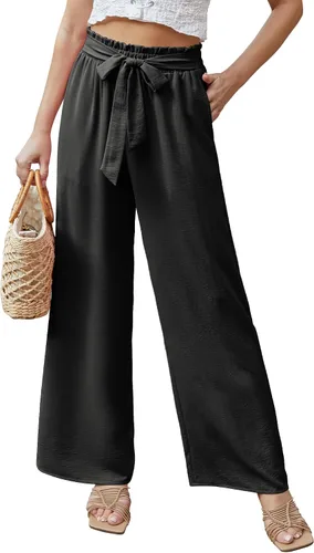Vista 2 de Feiersi Pantalones casuales de pierna ancha para mujer, de cintura alta, para negocios, trabajo, casual, holgados, holgados, para playa, palazzo