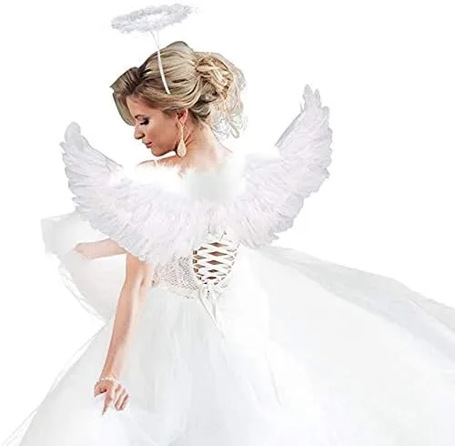 Vista 6 de Alas de ángel y halo para adultos alas de ángel blancas para niños disfraz de fiesta para niños regalo de Halloween y Navidad