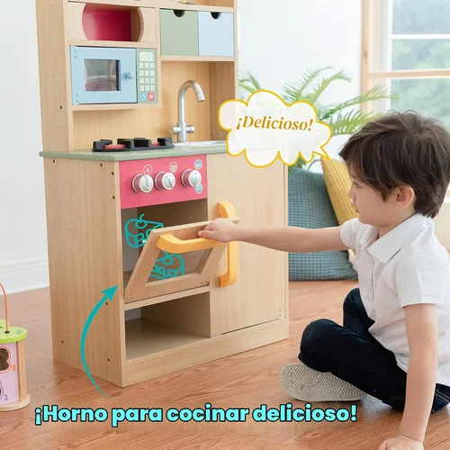 Vista 8 de Teamson Kids Little Chef Florence - Cocina interactiva clásica de madera con accesorios y espacio de almacenamiento para una fácil limpieza, grano