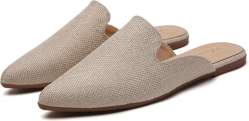 Vista 8 de Tilocow Mules para mujer, cómodos mocasines puntiagudos, sin espalda, planos, zapatos casuales de negocios, deslizantes, sin cordones beige