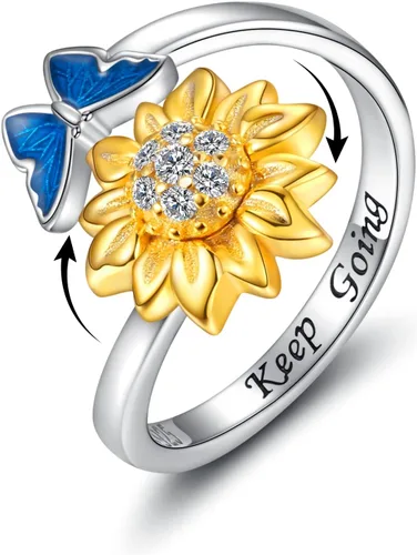 Vista 10 de Fidget Spinner Anxiety Rings for Women: Sterling Silver Lotus Moon Star Sunflower Ring Stress Relieving Calm Ring Jewelry Gifts for Daughter