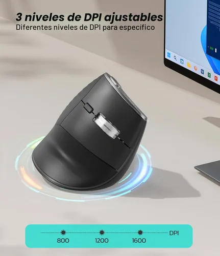 Vista 6 de Nulea M510 - Mouse vertical inalámbrico, ergonómico para un seguimiento cómodo, 3 DPI ajustables (800-1200-1600), mouse vertical inalámbrico de 2.4G