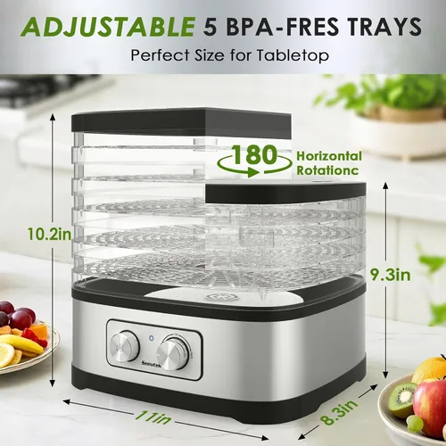 Vista 6 de Seeutek - Deshidratadora de alimentos, 5 bandejas libres de BPA, máquina deshidratadora de alimentos con control de temperatura ajustable para carne