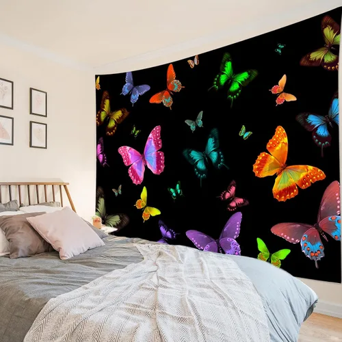 Vista 4 de LB Tapiz de mariposa Trippy para colgar en la pared, manta de tapiz estético psicodélico negro, decoración de pared de insectos de polilla colorida