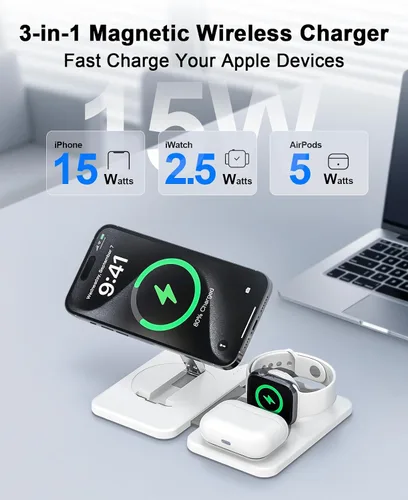 Vista 2 de Cargador inalámbrico magnético 3 en 1 para múltiples dispositivos Apple, estación de carga rápida plegable - Soporte de cargador Magsafe