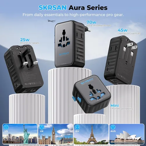 Vista 9 de Adaptador de viaje universal ultrafino Aura 45W 6 en 1 para hogar y Negro medianoche