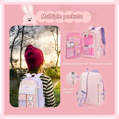 Vista 3 de VIDOSCLA Mochila de conejito para la escuela, Kawaii para niños y niñas, bolsas de libros, A# Rabbite kawaii púrpura, Chica-Conejito Kawaii