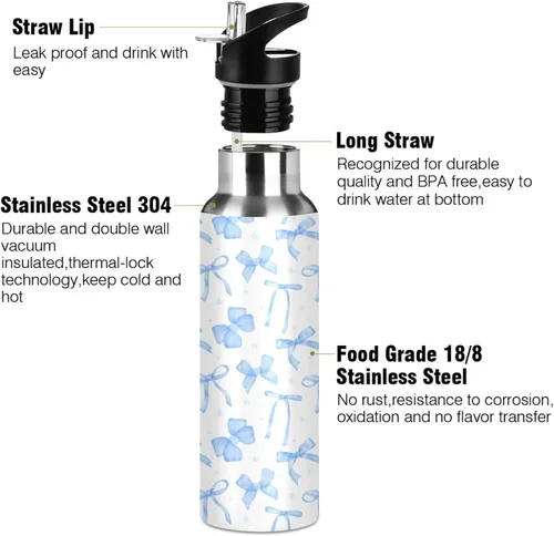 Vista 3 de Blueangle Botella de agua de 20 onzas con lazo de cinta azul, doble pared al vacío, botella de agua de acero inoxidable a prueba de fugas, botella