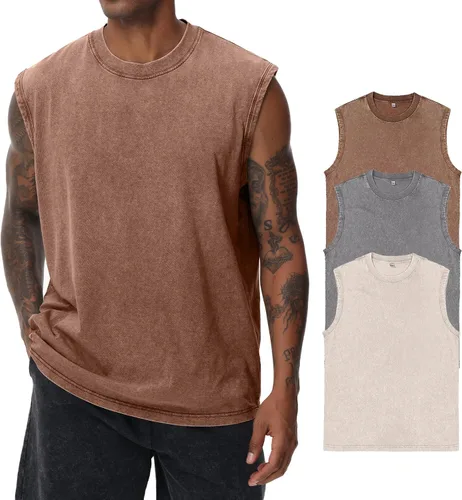 Vista 7 de Camisetas sin mangas de algodón para hombre, corte muscular, gimnasio, correr, playa, ajuste holgado