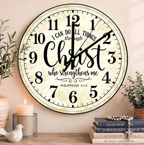 Vista 90 de Reloj de pared con versículo bíblico, con cita religiosa, reloj de madera, texto inspirador cristiano, reloj de madera rústico personalizado
