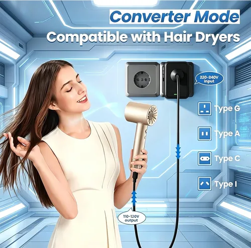 Vista 2 de Convertidor de voltaje de 220 V a 110 V de EE. UU. a Europa para secador de pelo con carga rápida 2 USB A y 2 USB C, adaptador de convertidor