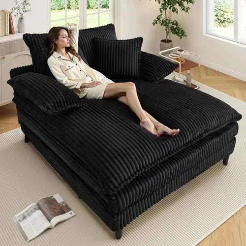 Vista 13 de WESTSETLUX Tumbona extragrande de 54.8 pulgadas de ancho para interiores con respaldo ajustable de 5 posiciones, sofá cama de pana con 3 almohadas