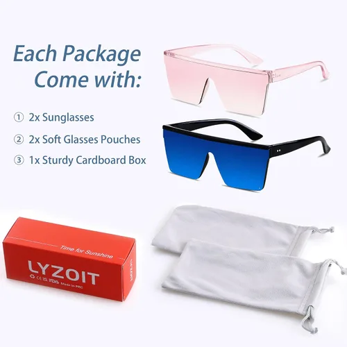 Vista 6 de LYZOIT Lentes de sol cuadrados de gran tamaño para mujeres y hombres, parte superior plana grande, protección UV, sombras sin montura