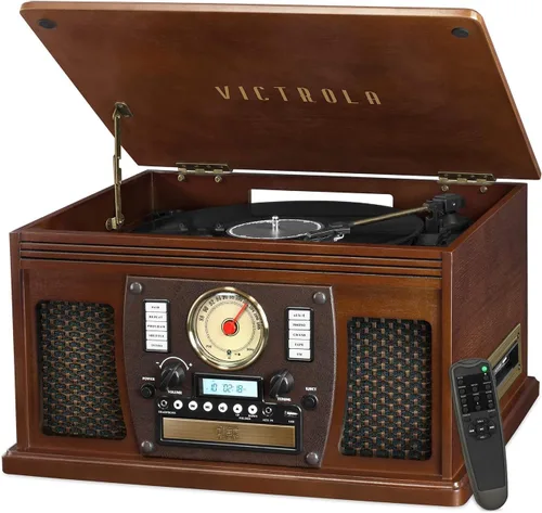Vista 10 de Victrola Navigator 8 en 1 Reproductor clásico de discos Bluetooth con codificación USB y tocadiscos de 3 velocidades Individual Negro