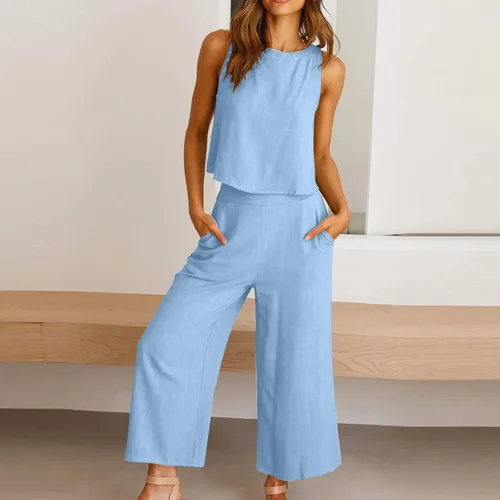 Vista 4 de Conjuntos de algodón y lino para mujer, conjunto de 2 piezas de verano, conjunto de pantalones de pierna ancha, bolsillos a juego, conjunto
