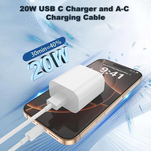 Vista 2 de Bloque de cargador de pared USB C de 20 W con cable USB A a USB C
