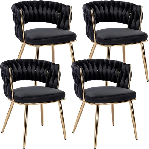 Vista 10 de Juego de 2 sillas de comedor tejidas, modernas sillas de comedor tejidas a mano con patas de metal negro, sillas tapizadas con marco negro