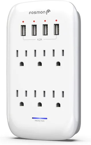 Vista 8 de Fosmon Protector de sobretensiones de montaje en pared de 6 tomas, supresión de sobretensiones de 3 clavijas, 1200 julios, 15 A, 125 VCA, 60 Hz
