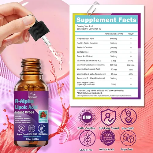 Vista 8 de R Ácido Alfa Lipoico 600mg Gotas Líquidas para Neuropatía, Suplemento R-ALA Estabilizado Avanzado 11-en-1 con Benfotiamina Acetil L-Carnitina