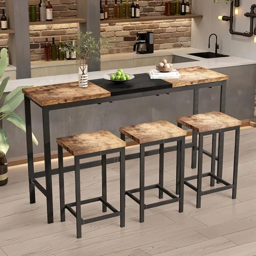 Vista 12 de Merax Juego de mesa de comedor extra larga de 4 piezas con 3 taburetes y reposapiés, mesa de comedor de cocina de diseño moderno, mesa de pub, juego
