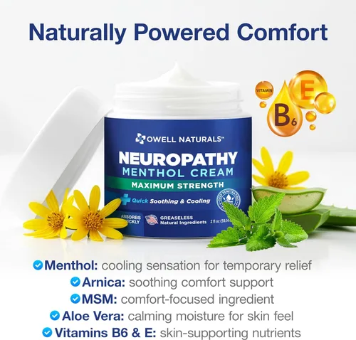 Vista 4 de Owell Naturals Crema de neuropatía extra fuerte – Enfriamiento de rápida absorción para piernas, pies y manos – Fórmula calmante avanzada con aloe