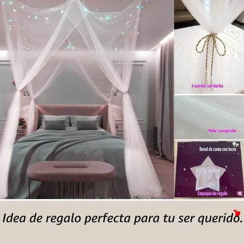Vista 4 de Obrecis - Dosel de cama blanco con luces de estrella para niñas, cortinas de cama de princesa de 8 esquinas con 100 luces LED en forma de estrella