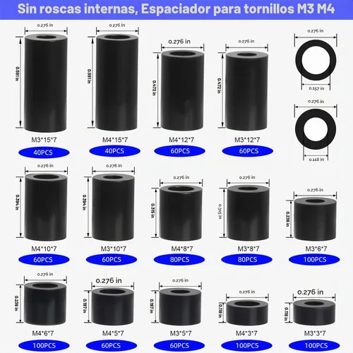 Vista 2 de 1000 piezas de espaciadores de tornillos para tomas eléctricas, espaciador redondo de nylon para tornillos M3 M4, espaciadores negros sin rosca, kit