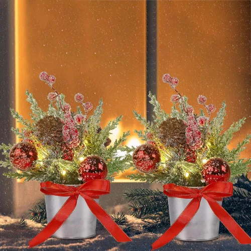 Vista 6 de Prsildan 2 piezas de decoración de mesa de Navidad árbol artificial con cono de pino y bayas rojas, mini árbol de nieve flocado con luces LED